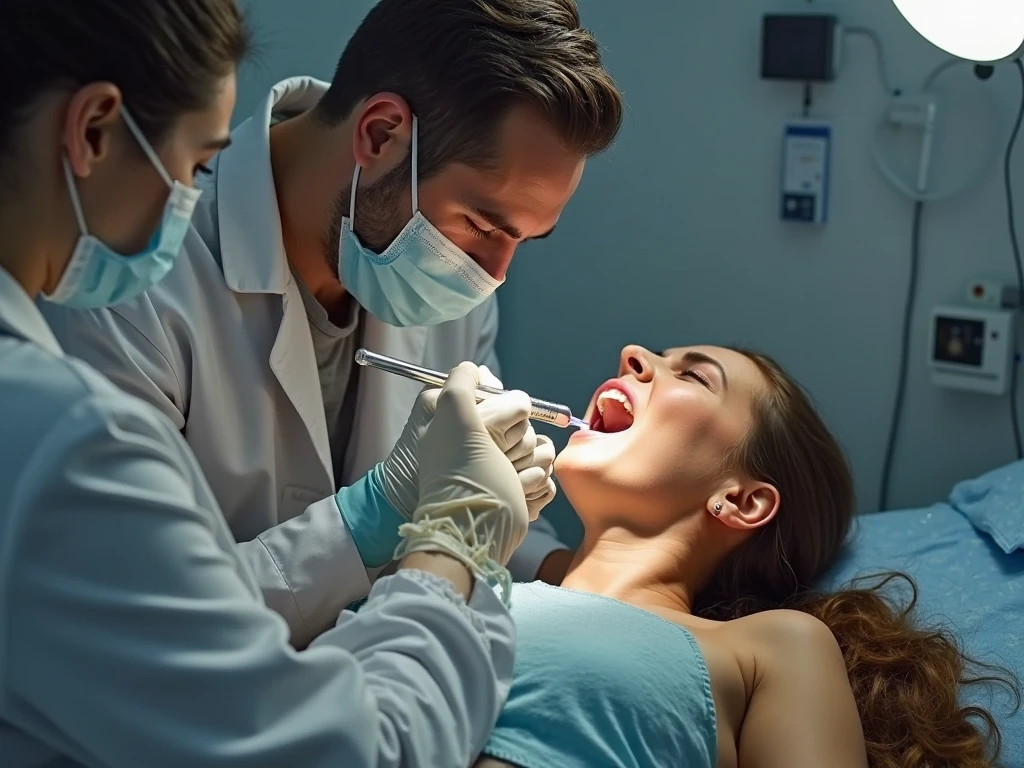 Robô de Seaart Txt2Img Estúdio Detalhe magnífico, 8K Photos, hyper- realism, realistic background, visual depth, wide angle lens, professional light. "{a one woman [dentist], age 28, natural redhead, Linda, attending a [Patient]  18 year old teenager.} {a [desist] have very big breasts, is wearing a slightly open lab coat, slightly open, showing part of her lace bra and her large breasts. As he bends down to look at the teeth of the [Patient] using a dental spatula.} {or [Patient] have pimples on your face, An 18-year-old face, low hair. He is lying down with his mouth wide open. a espatula está dentro de sua boca. He is excited looking directly at the breasts of [dentist].} {a cena se passa num consultorio odontológico.}