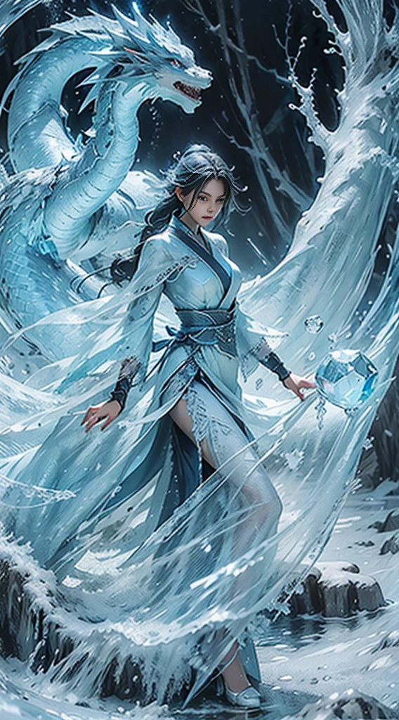 (((1girll))),Imperial water,A magician,(Loose dress:1.5),(Perfect facial features:1.4),(Blue silk robe),(Mysterious magic formations:1.2),((ice Dragon)),(Ice crystal scales),Blue glow,(Frost wings),Powerful ice magic,Icicles,Towering over the landscape,Blue light cold light,Ice storms,Wind,Flying snow ice and snow,Amazing results,,best qualityer,tmasterpiece,超高分辨率,finely detailled,Complicated details,8K分辨率,8KUCG wallpaper,hdr,water blue,Magic Array,Cinematic lighting effects,lightand shade contrast,Ray traching、NVIDIA RTX