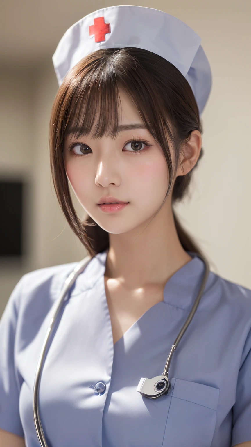(1 Girl)、(Beautiful Japanese、18years old,round face、Refreshing、clear、seems kind、stylish、Pitiful、cute like an angel、cute、black eyes、,actress,Almond-shaped eyes,Translucent white skin、Beautiful skin), Good style , (((Beautiful big breasts:1.2))),(((soft breasts))),(very cute),(Black hair),(short bob hair),(enchanting eyes),(highlight on eyes:1.2)、(8K、Live shooting、highest quality、masterpiece:1.2、optimal lighting)、((masterpiece)),(Photo taken by a professional photographer),(real、photo real:1.4),break,{ (White nurse costume),(((taraditional nurse uniform)))},(tears:1.4))(cheeks are red:1.2), break, break,Old abandoned hospital,Face shot:1.3、looking at viewer, face close-up,Looking up、Cleavage:1.6、Peering in with a worried look on his face,(((Looking back))),