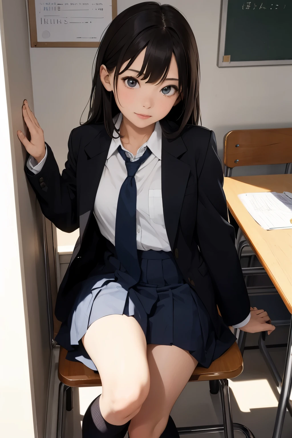 masterpiece, best quality, ultra-detailed, illustration, colorful, falt color, depth of field, lens flare,
1girl, anime, sitting, black hair, looking at viewer,school, classroom, pleated miniskirt , school uniform, serafuku, black pantyhose, detailed skin texture, detailed cloth texture, beautiful detailed face,