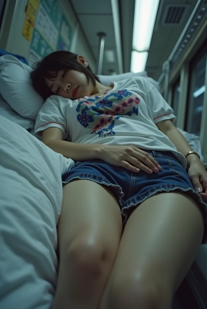 1 girl ,highest quality, ultra high resolution, highly detailed skin, Physically based rendering, small breasts, flat chest, down blouse,(14 year old Japanese student, Decorative detailed bra , overlap short sleeve princess dress, small breasts, sensual ),sitting, lean forward on the train, short hair, necklace ,close,From top left ,focus on the chest ,high brightness