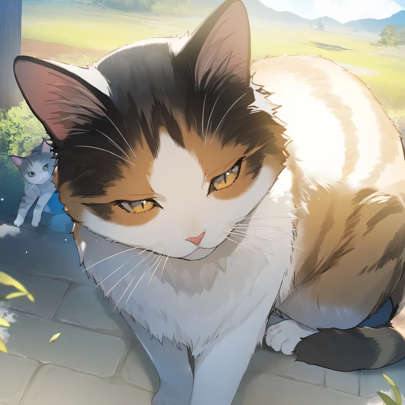 animal, cat, focus cat, outdoors, game CG, fantasy, japan, break,(artist:akinashi_yuu),artist:fujiyama,artist:artist:yuugen,break,break,(masterpiece), (best quality), (ultra-detailed),(Detailed Lighting), very aesthetic, newest,