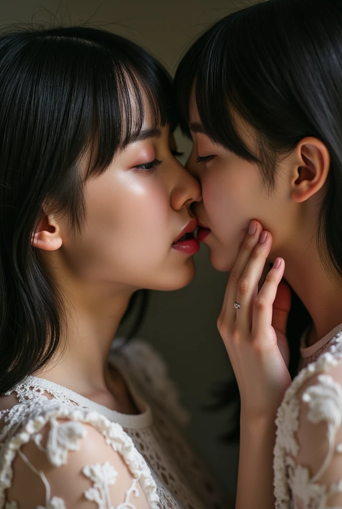 Show in detail a woman and a man kissing with their tongues touching.