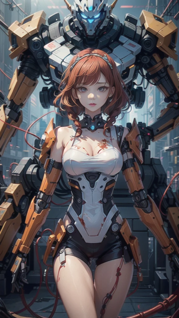 RAW, masterpiece, ultra thin photo, best quality, ultra high resolution, photorealistic, sunlight, full body portrait, incredibly beautiful, dynamic poses, sexy, delicate face, vibrant eyes, (red hair), she is using a futuristic orks engine, warhammer 40,000, gold red and yellow color scheme, highly detailed robot factory background, detailed face, detailed and complex busy background, messy, gorgeous, milky white, highly detailed skin, realistic skin details, visible pores, sharp focus, volumetric mist, 8k uhd, dslr camera, high quality, film grain, fair skin, photorealism, lomography, expanding metropolis in futuristic dystopia, view from below, translucent, cables connected to robots,