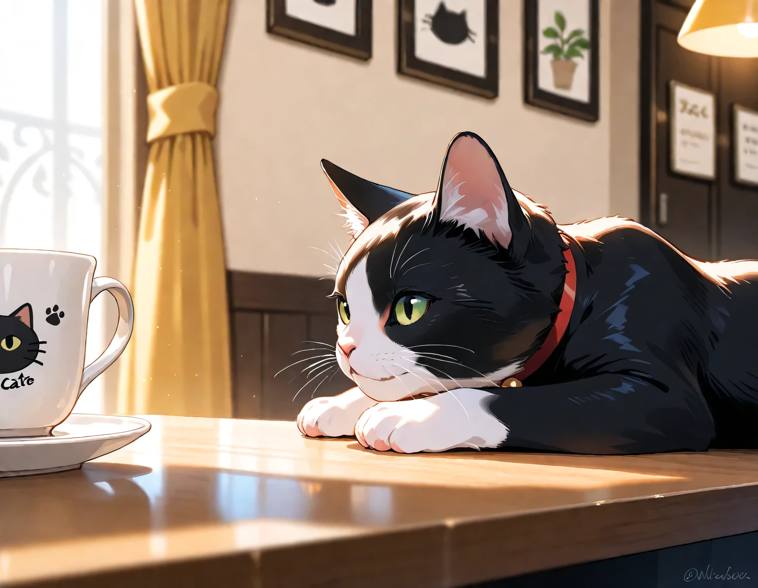 (masterpiece), (best quality), (ultra-detailed), cat cafe, cat focus,drinking cat, no human, cinematic lighting
