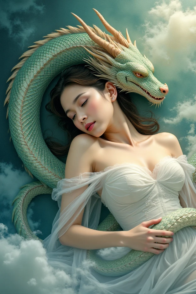 Painting of a sleeping woman with a dragon on her back, the dragon girl portrait, dragon girl, a beautiful artwork illustration, Loish e Ross Tran, Fantasia chinesa, belas fotos avatar, Art not Guweiz style, trending on artstration, estilo de arte de fantasia, por Li Song, por Yang J, Directed by: Zeen Chin, Alice X. Zhang
