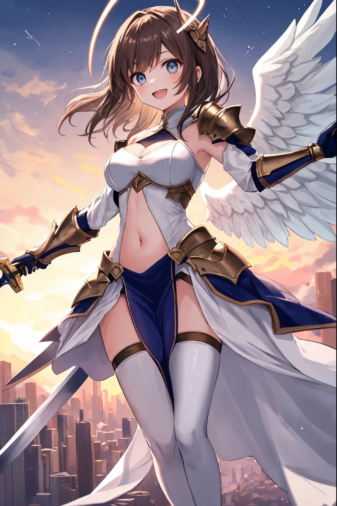 fantasy, 1angel_girl, loli,bwn_hair, medium_bob_hair, long_bangs, halo,bare_shoulder,thighhighs,silver_armor, waist_armor, large_breasts,angry,grinning,open_mouth_teeth, 1pair_wings, dynamic_pose_fighting,floating, bare_crotch, headgear,gauntlet, greaves,city_sky_background,slightly_spread_legs, solo, groin_naked