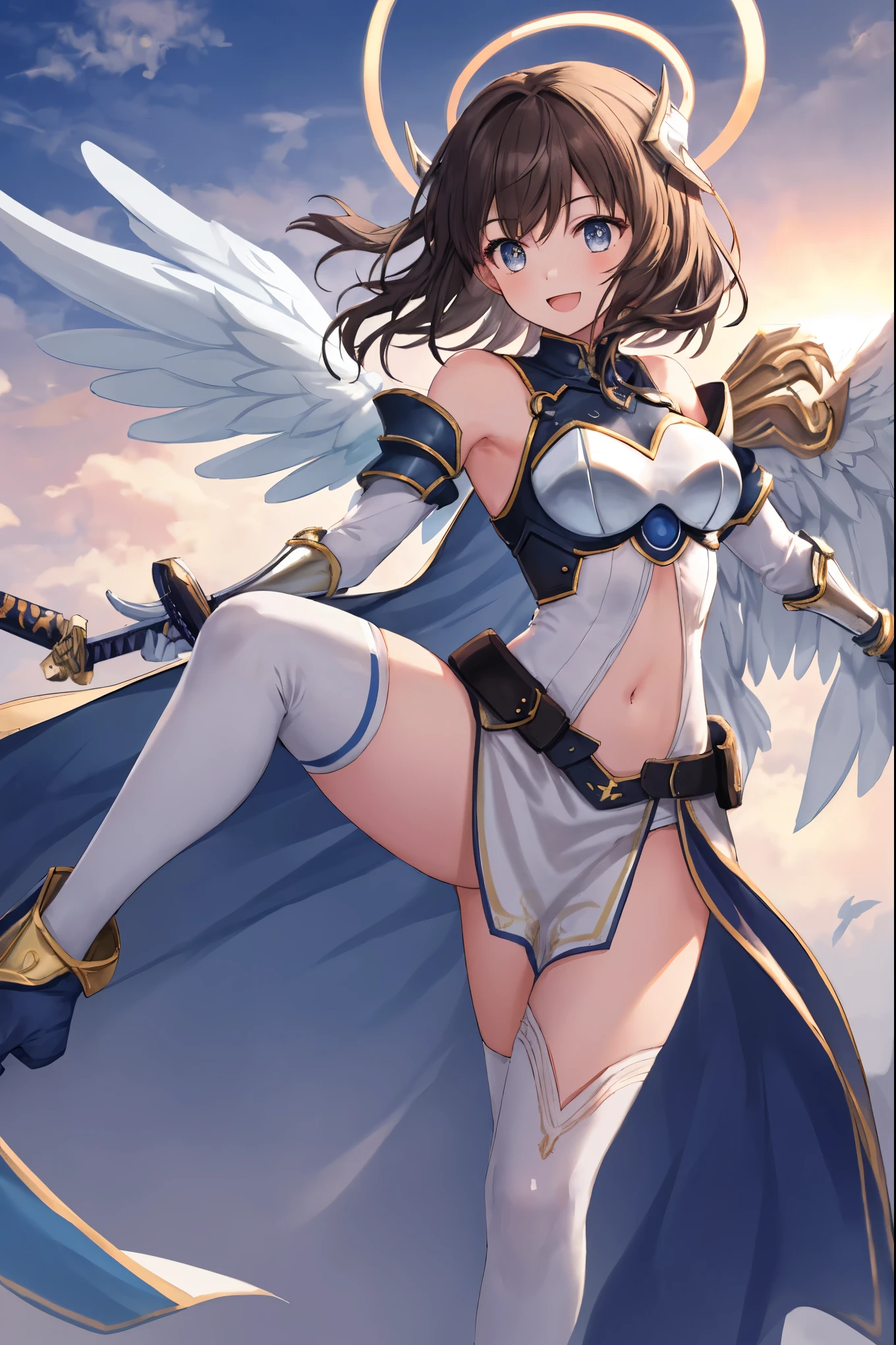 fantasy, 1angel_girl, loli,bwn_hair, medium_bob_hair, long_bangs, halo,bare_shoulder,thighhighs,silver_armor, waist_armor, large_breasts,angry,grinning,open_mouth_teeth, 1pair_wings, dynamic_pose_fighting,floating, bare_crotch, headgear,gauntlet, greaves,city_sky_background,slightly_spread_legs, solo, groin_naked,dark_skin,