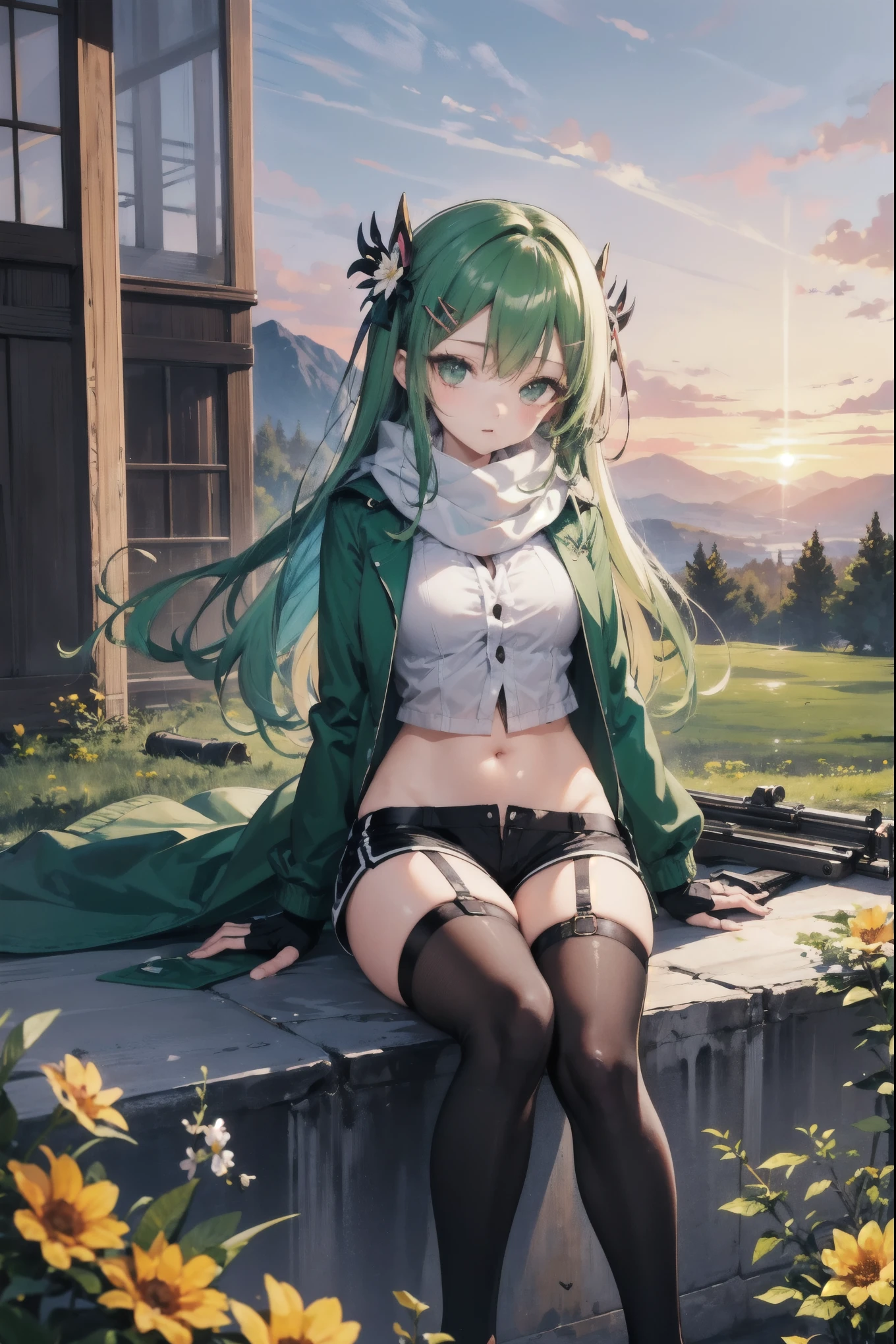 1girl, solo, full body, summer, village, trees, long hair, dark green hair, curly hair, twintail, large breasts, sport bra, belly, dark blue eyes, ((opened brown zipper jacket)), shorts, grin, looking at the viewer, standing, hair ribbon