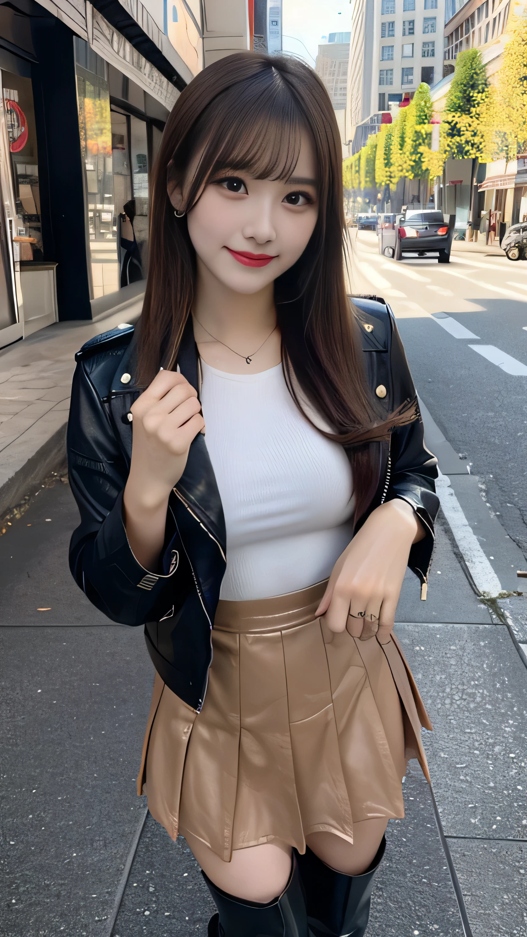 front view:1.5, large breast:1.4, full body photo,((focus on crotch)), she is in a street, standing on a street, one girl, High resolution ,blonde hair, Light Hair Color, sexy, Beautiful eyelashes ,High resolution ,Zoom out ,20-year-old ,Highest quality ,Very detailed ,Finer details ,High resolution ,8k wallpaper ,Beautiful eyes in every detail ,Natural lip color ,very beautiful:1.5, Full body,front view:1.5,looking camera, (riders leather thick Jacket,knee high boots, very high gloss:1.3, brown leather pleated mini thick skirt, Little Devil Smile), curvy thighs:1.5, (a beauty girl, delicate girl:1.3), break, very fine eyes, (symmetrical eyes:1.3), break,brown eyes, parted bangs,best smile, break, (eyes and faces with detailed:1.3), break, (masterpiece, best quality, ultra detailed, detailed face, 8k)