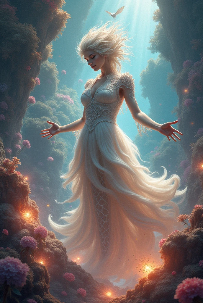 1 beautiful woman, bridesmaid, pure face, ((((((undress dress)))))), detailed dress, super transparent, holy light, beautiful spectral light, petals glow, flashing, dark background, transparent light drops, reflective light, bright, light flowing in, optics, portrait profile, sharp focus, magical, intricate, ultra realistic, fantasy, composition, light, trend in artstation, pearl, silver vapor patronus cloud, family of corrosive enveloping rays, 8k, ureal air 23v4 uplight