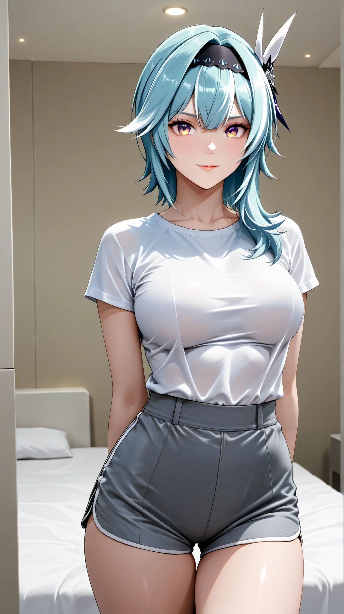 eula,beautiful,korean face,expressive,slim body, sexy legs,perfect body,large breasts,grey shorts, oversize white tshirt,soft light, high detailed, best quality, upper body,blue plain background ,bed rooms