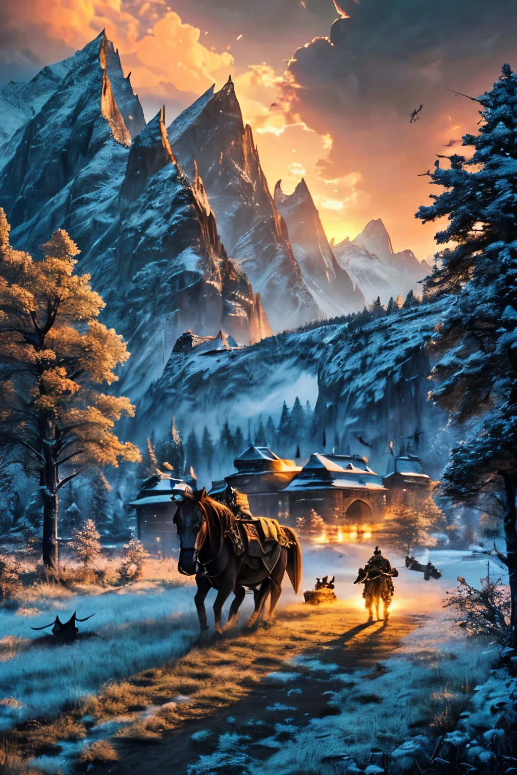 A huge army marching towards the scorching sun, surrounded by many bats, amazing scenery, great battle scenes, dark medieval style, huge army, dark armored soldiers lined up, walking towards the orange sun Glow, bats fly in large numbers across the cloudy sky, amazing lighting, mountain scenery, time of day obscured by clouds, realistic textures, detailed armor design, red coat, dark costume, lots of bats, sun in the middle of the ground, wide view, sense of intuition, size Big details 8k resolution --ar 16:9 --ar 16 :9 --v 5 --q 2 --s 750
