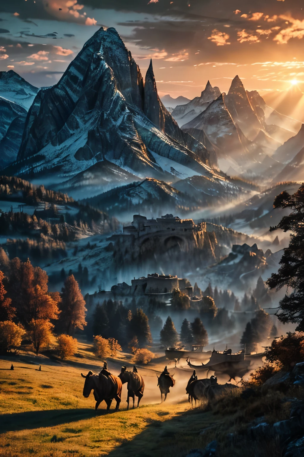 A huge army marching towards the scorching sun, surrounded by many bats, amazing scenery, great battle scenes, dark medieval style, huge army, dark armored soldiers lined up, walking towards the orange sun Glow, bats fly in large numbers across the cloudy sky, amazing lighting, mountain scenery, time of day obscured by clouds, realistic textures, detailed armor design, red coat, dark costume, lots of bats, sun in the middle of the ground, wide view, sense of intuition, size Big details 8k resolution --ar 16:9 --ar 16 :9 --v 5 --q 2 --s 750