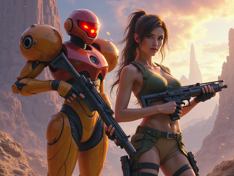 arafed image of a woman holding a gun in front of a group of zombies, barbarella, nintendo game art, hellish landscape, in a space horror setting, inspired by Joe Jusko, jesus christ is the doom slayer, protagonist in foreground, valve promotional splash art, film art of character design, megadeth, website banner, by Jason Edmiston --ar 16:9 --v 5.1