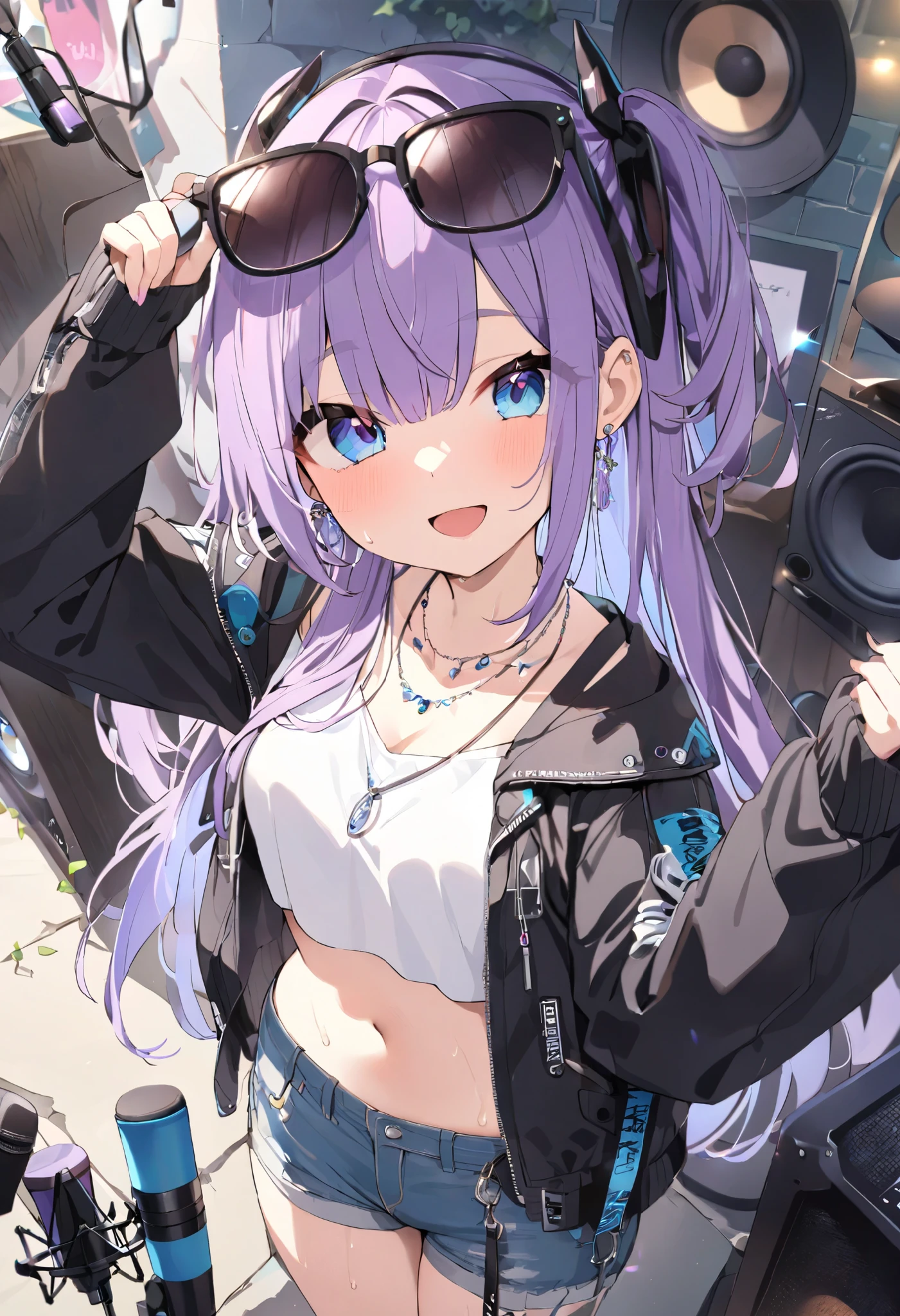 ((masterpiece)), ((Top Quality)), (very well detailed) (best quality)、最高masterpiece、beautiful、Alone、One Girl、are cool、Rin々New eyes、smile、Laugh Strong、Sweating、About high school age、beautifulな顔立ち、 purple hair 、long hair caught in a hole、Blue Eyes、青くbeautifulな瞳、 good style、 normal breasts、腰周りがbeautiful、beautifulな身体、route、 Street、 Street系の街、with microphone、microphone and speaker、putting sunglasses on your head、black riders jacket、is a stylish white t-shirt、 jeans、necklaces、earrings、dynamic、nightの Street街、 short pants after the concert、beautifulな太もも、Short Tee、beautifulなおへそのライン、The illuminated light、A pretty small white t-shirt、お navel is visible from far above、 navel is visible from far above、cool black riders jacket、night、真night中、strongの眉、sharp、big speaker on the back、コードで繋がったwith microphone、Hold the microphone firmly、Tons of speakers、strong、Strong Will、 sweat dripping、Sing comfortably