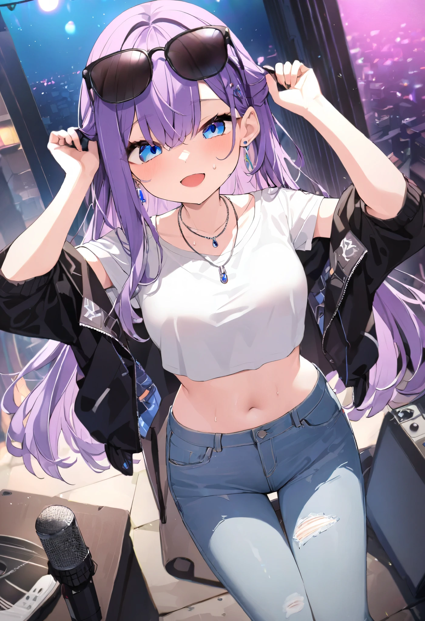 ((masterpiece)), ((Top Quality)), (very well detailed) (best quality)、最高masterpiece、beautiful、Alone、One Girl、are cool、Rin々New eyes、smile、Laugh Strong、Sweating、About high school age、beautifulな顔立ち、 purple hair 、long hair caught in a hole、Blue Eyes、青くbeautifulな瞳、 good style、 normal breasts、腰周りがbeautiful、beautifulな身体、route、 Street、 Street系の街、with microphone、microphone and speaker、putting sunglasses on your head、black riders jacket、a stylish white t-shirt inside、 jeans、necklaces、earrings、dynamic、nightの Street街、 short pants after the concert、beautifulな太もも、Short Tee、beautifulなおへそのライン、The illuminated light、A pretty small white t-shirt、お navel is visible from far above、 navel is visible from far above、cool black riders jacket、night、真night中、strongの眉、A crisp 、big speaker on the back、コードで繋がったwith microphone、Hold the microphone firmly、Tons of speakers、strong、Strong Will、 sweat dripping、Sing comfortably