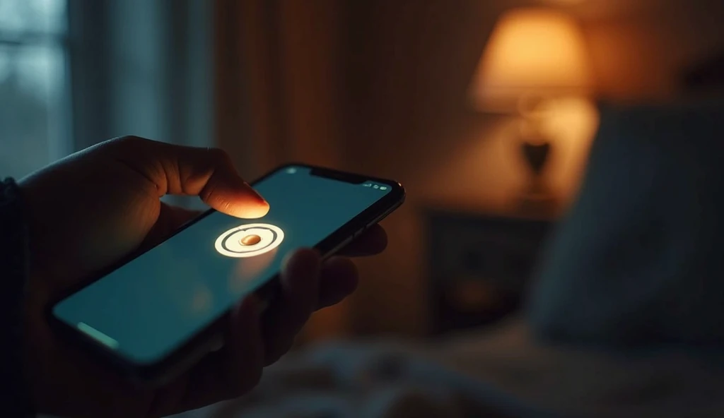A dramatic, cinematic shot of a glowing notification bell icon on a phone screen, with a finger about to tap it. The scene is moody yet engaging, with a blurred background featuring a cozy, dimly lit room. The warm glow from the screen highlights the anticipation of learning something new. —ar 16:9