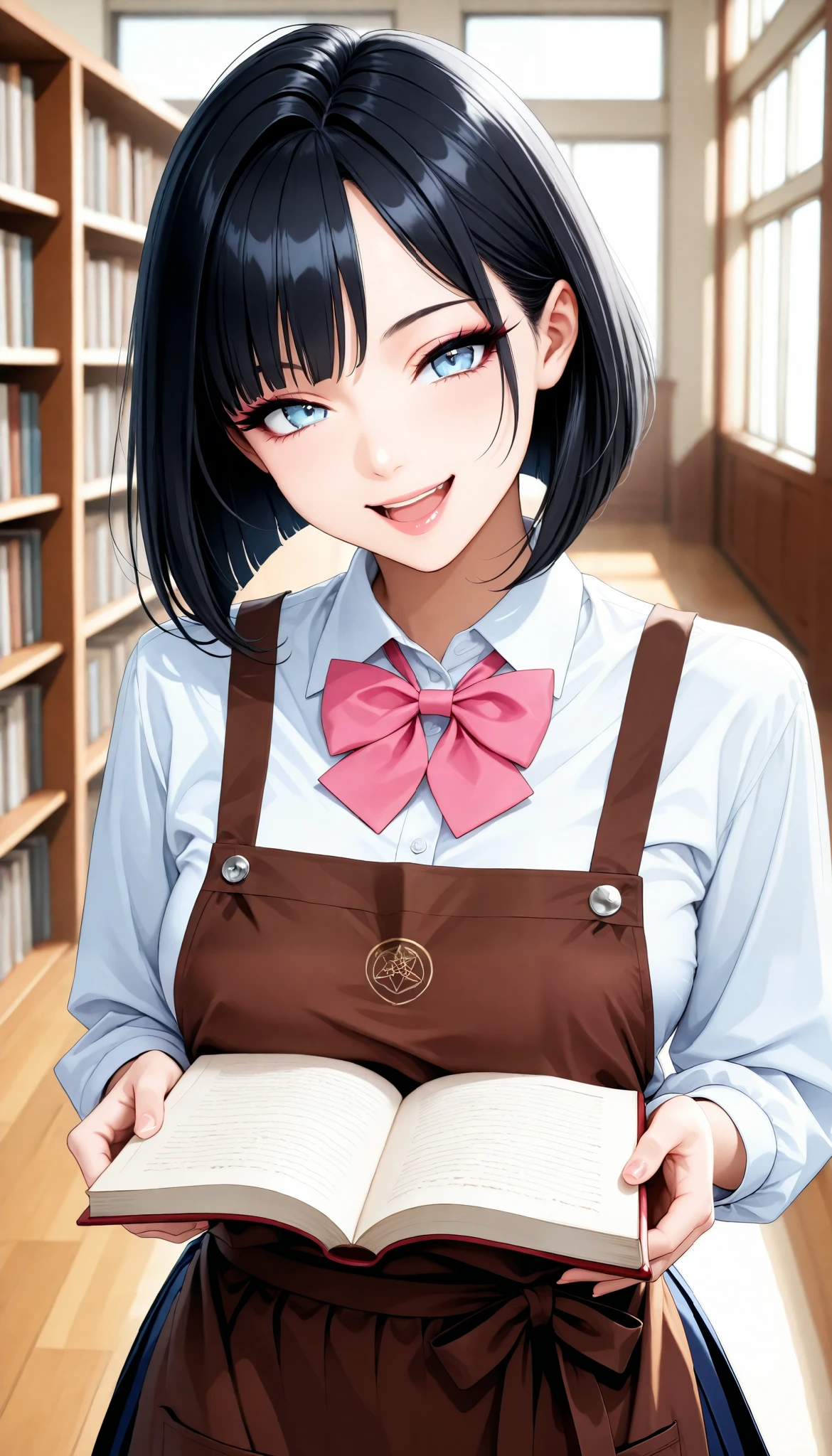 sexy women, Fashion Model Body Type, black hair, inverted bob , light blue eyes, (smile, open your mouth), Librarian, shirt, pink bow tie, pleated skirt, Brown Apron, beautiful eyes, beautiful lips, very detailed目と顔, long eyelashes, (face close-up), with a shallow depth of field:1.2, Blur Background, Hold the book:1.4, Kamigami, school library background ), (Top Quality, very detailed, CG illustration, masterpiece:1.2, Aesthetics at its best),
