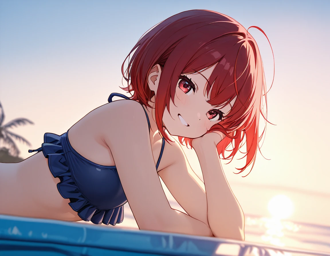 Beautiful girl with short red hair、Shoulders are visible、Ragged hair、swim wears、red eyes、、A smile、private beach、Resorts、Gravure Idol Pose、