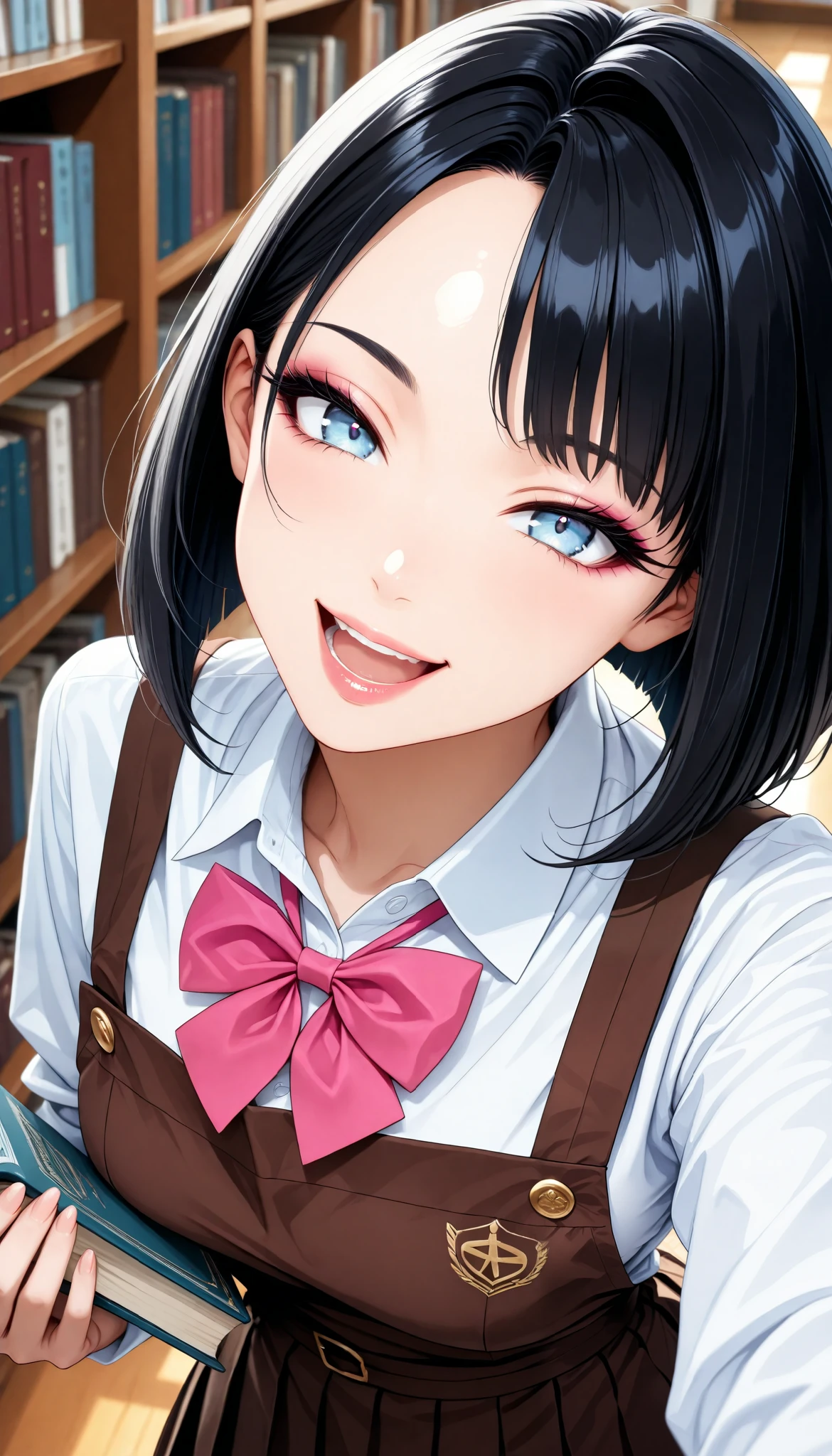 sexy women, Fashion Model Body Type, black hair, inverted bob , light blue eyes, (smile, open your mouth), Librarian, shirt, pink bow tie, pleated skirt, Brown Apron, beautiful eyes, beautiful lips, very detailed目と顔, long eyelashes, (face close-up), with a shallow depth of field:1.2, Blur Background, Hold the book:1.4, Kamigami, school library background ), (Top Quality, very detailed, CG illustration, masterpiece:1.2, Aesthetics at its best),
