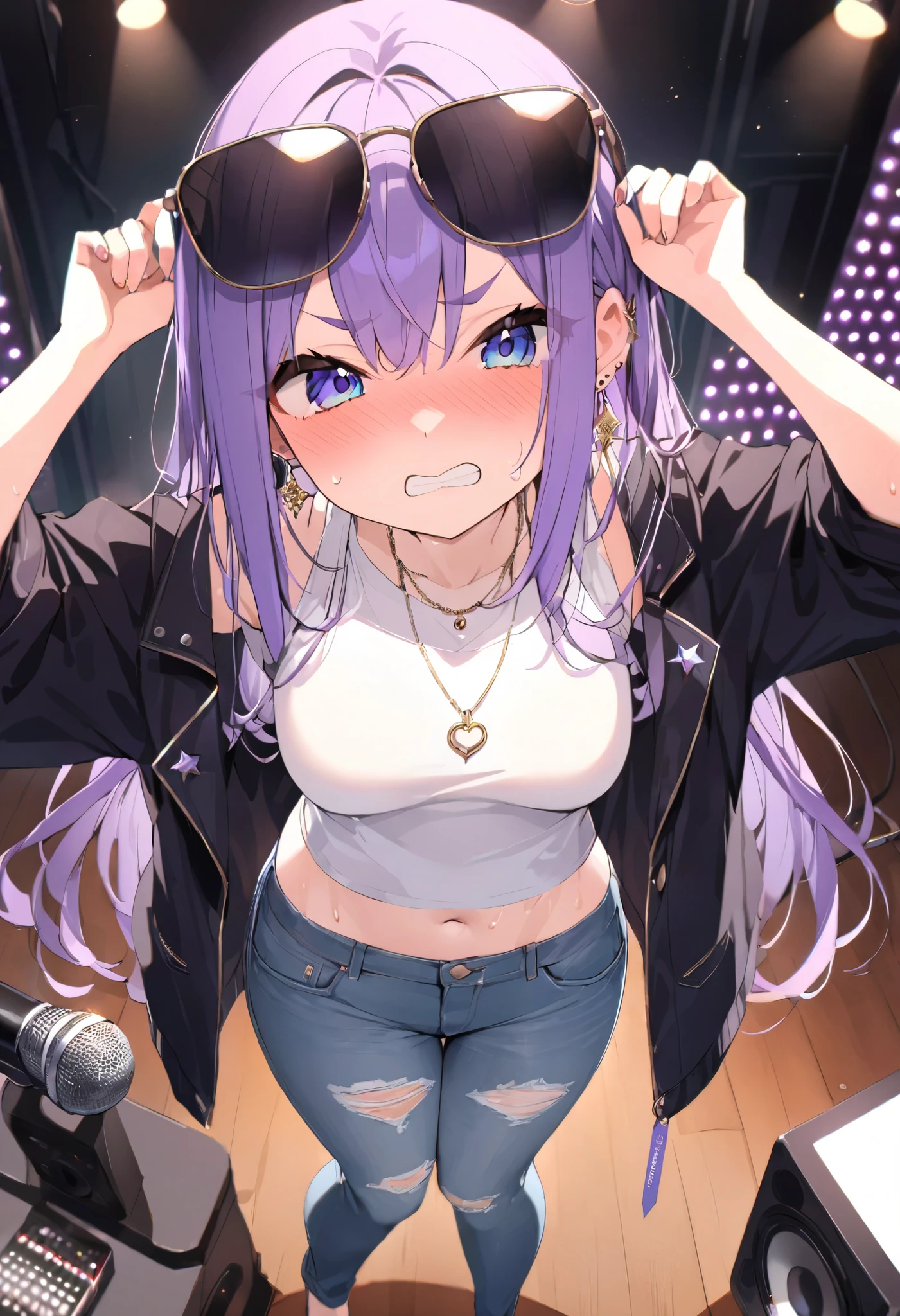 ((masterpiece)), ((Top Quality)), (very well detailed) (best quality)、最高masterpiece、beautiful、Alone、One Girl、are cool、Sweet face、is embarrassing、open your eyes、makes your face blush、 bulging face、get angry、Sweating、About high school age、beautifulな顔立ち、 purple hair 、long hair caught in a hole、Blue Eyes、青くbeautifulな瞳、 good style、 normal breasts、腰周りがbeautiful、beautifulな身体、route、 Street、 Street系の街、with microphone、microphone and speaker、putting sunglasses on your head、black riders jacket、a stylish white t-shirt inside、 jeans、necklaces、earrings、dynamic、nightの Street街、 short pants after the concert、beautifulな太もも、Short Tee、beautifulなおへそのライン、The illuminated light、A pretty small white t-shirt、お navel is visible from far above、 navel is visible from far above、cool black riders jacket、night、真night中、Bullish eyebrows、A crisp 、big speaker on the back、コードで繋がったwith microphone、Hold the microphone firmly、Tons of speakers、 sweat dripping、Sing comfortably