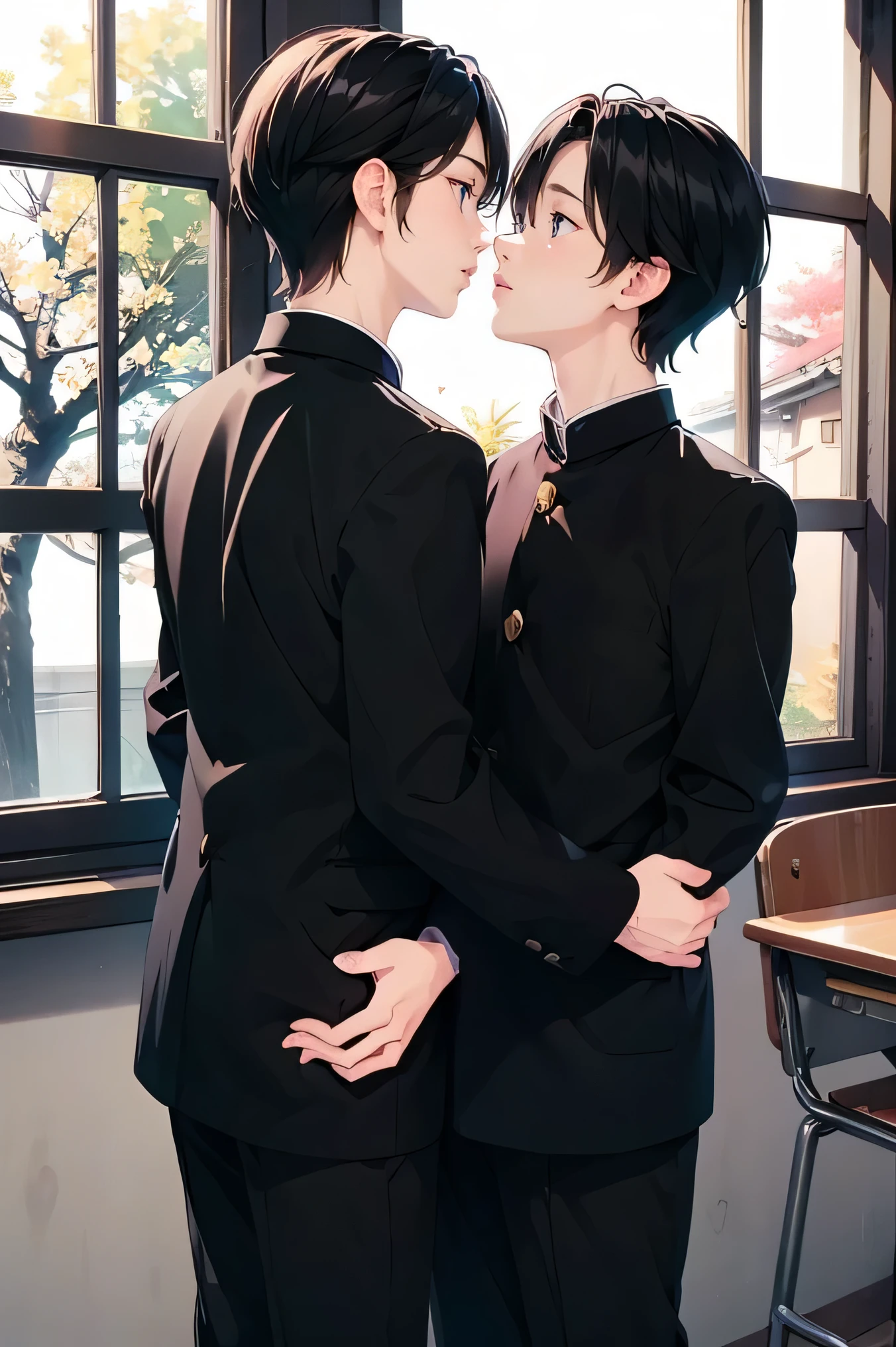 Two Japanese men　　handsome　　smile　In the classroom　　 boys love cartoon　　One person sits on a chair　The other one stands behind them and hugs them and kisses　Future Classroom 　　Outside the window is early spring　there is only one cherry tree　　二人共にBlack school run　 school uniform　Black school run