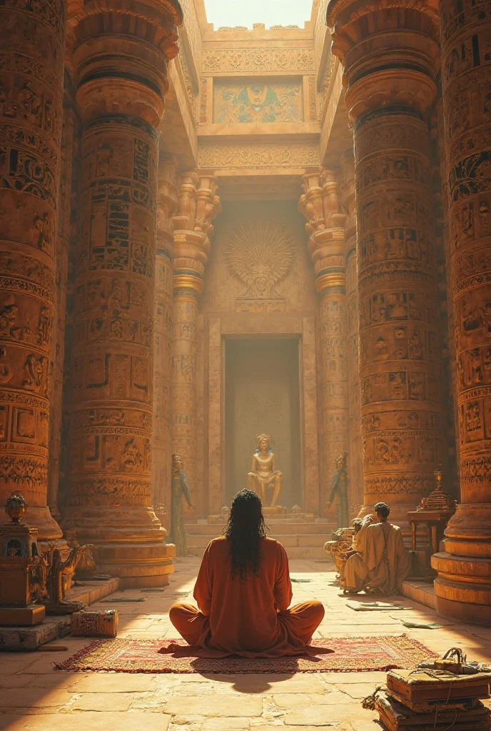 Horus is meditating inside a temple, surrounded by symbols of Maât, the goddess of truth and order. The setting is serene, with an atmosphere of wisdom and divine purpose as Horus prepares for his future challenges.

