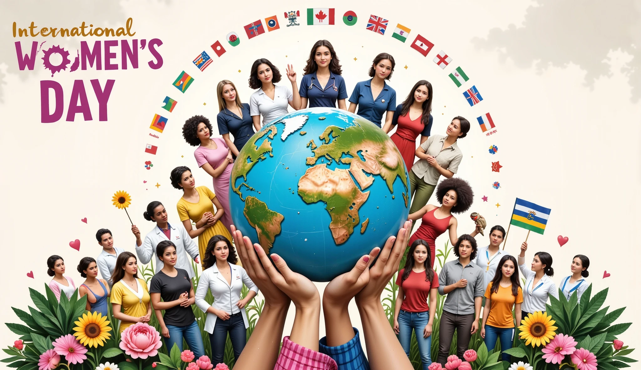 ### ** Visual Description :**
**Central composition:**
- And **stylized globe** in the center, surrounded by **women of different ethnicities** (Afro-descendants , Asians, Caucasian , indigenous, latinas, Arabs, etc.), cada una vestida con trajes tradicionales o profesionales que reflnoten sus ocupaciones.
**Key elements:**
1. **diversity de profesiones:**
- Anda **Doctor** wearing a robe and stethoscope (representing health).
- Anda **engineer** with helmet and plans ( Science and Technology).
- Anda **farmer ** with tools and fresh products (rural sector).
- Anda **Teacher** holding a book and surrounded by girls and boys (education).
- Anda **artist** with brushes and a color palette.
- Anda **sportsman** (not. soccer player or athlete) in action.
- Anda ** ACTIVIST ** with a banner that says " equality".
2. **Symbols of unity:**
- ** hands clasped ** forming a circle around the world.
- **flags of multiple countries** merged in the background.
- **indigenous flowers and plants** of each continent (not. sunflowers, cherry trees, Lotos, cactus).
3. **Colors and Shades :**
- **purple, green and white** (traditional colors of Women's Day).
- **Vibrant tones** to highlight the joy and diversity.
- And **subtle rainbow** in the background as a symbol of inclusion.
**Featured text:**
- At the top : *"International Women's Day: diversity, strength and unity"*.
- At the bottom : *"Women of the World, Inspiring stories"*.
---
### **Suggested style:**
- **digital illustration** with organic lines and realistic details.
- **horizontal focus ** for use on social networks, posters or banners.
- Include **silhouettes of women at different ages** (youths, adults, elderly) to emphasize all stages of life.
### **Subliminal Message:**
- **The world held by female hands**, symbolizing the indispensable role of