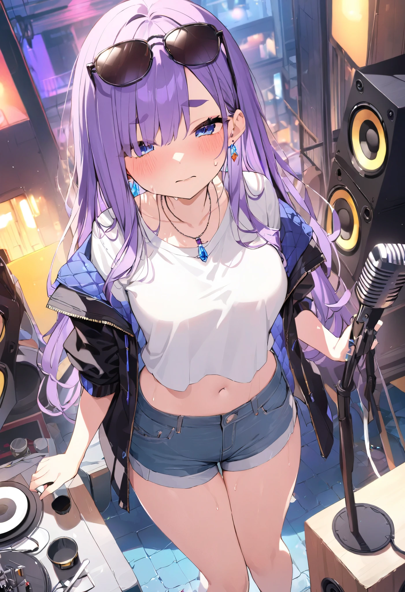 ((masterpiece)), ((Top Quality)), (very well detailed) (best quality)、最高masterpiece、beautiful、Alone、One Girl、are cool、Sweet face、is embarrassing、open your eyes、makes your face blush、Sweet face、 melting face 、Open your eyes slightly、Sweating、About high school age、beautifulな顔立ち、 purple hair 、long hair caught in a hole、Blue Eyes、青くbeautifulな瞳、 good style、 normal breasts、腰周りがbeautiful、beautifulな身体、route、 Street、 Street系の街、with microphone、microphone and speaker、sunglasses on his head、black riders jacket、a stylish white t-shirt inside、 jeans、necklaces、earrings、dynamic、nightの Street街、 short pants after the concert、beautifulな太もも、Short Tee、beautifulなおへそのライン、The illuminated light、A pretty small white t-shirt、お navel is visible from far above、 navel is visible from far above、cool black riders jacket、night、真night中、Bullish eyebrows、A crisp 、big speaker on the back、Tons of speakers、 sweat dripping、