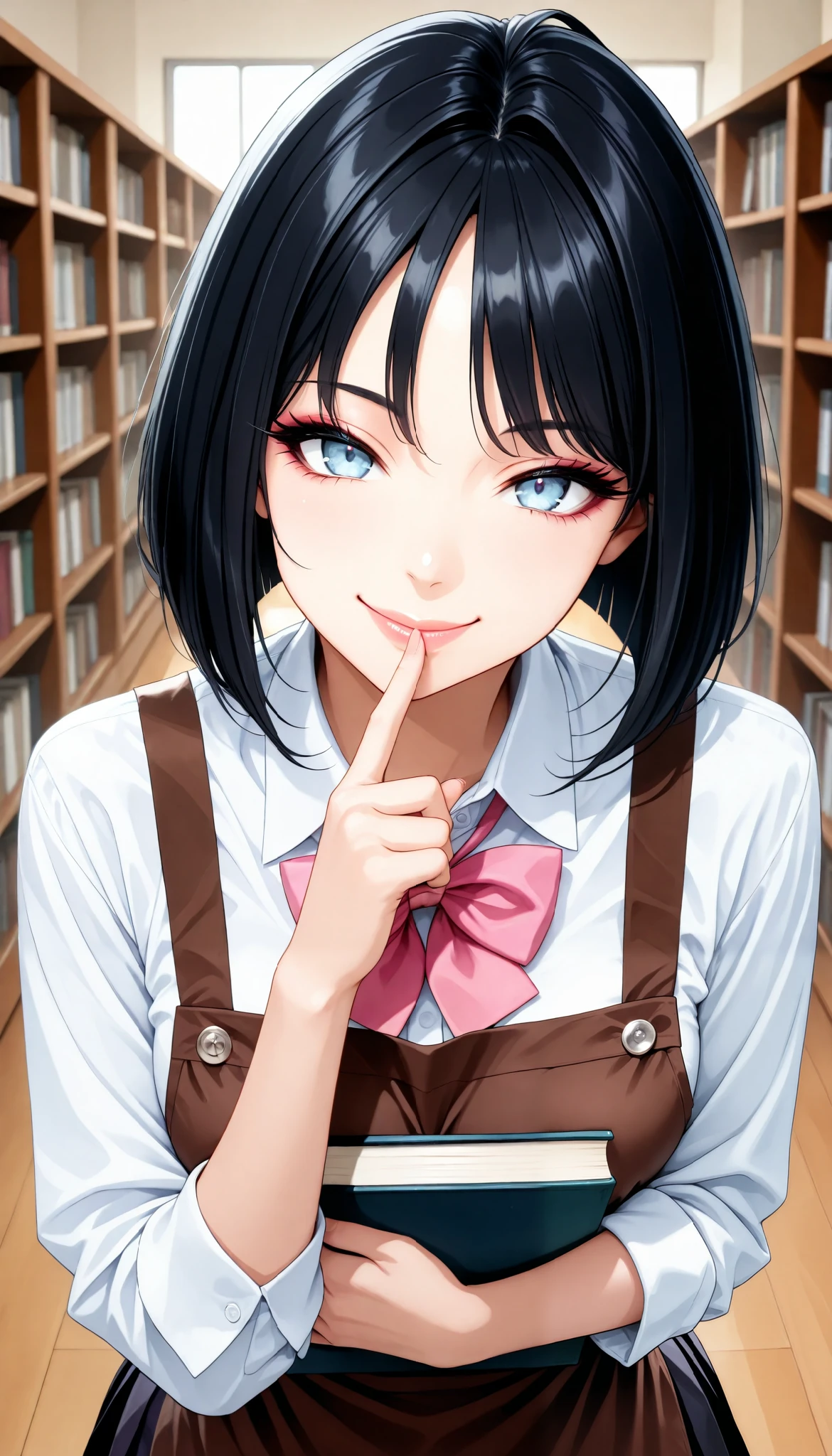 sexy women, Fashion Model Body Type, black hair, inverted bob , light blue eyes, (smile, close your mouth, Stand up your finger and place it in front of your mouth), Librarian, shirt, pink bow tie, pleated skirt, Brown Apron, beautiful eyes, beautiful lips, very detailed目と顔, long eyelashes, (face close-up), with a shallow depth of field:1.2, Blur Background, Hold the book:1.4, Kamigami, school library background ), (Top Quality, very detailed, CG illustration, masterpiece:1.2, Aesthetics at its best),
