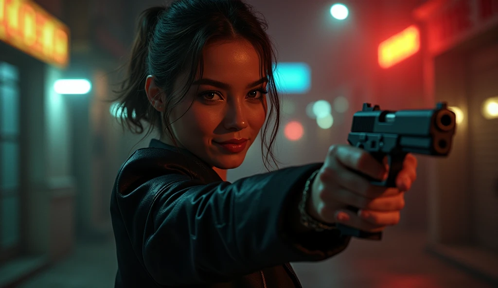 20 years old, black hair, long hair, a scene from a movie or drama, cute kawaii idol Japanese woman, glamour photography, This image is a portrait of a young woman holding a gun in her right hand. She is standing in front of a window with a night city skyline view. The woman is wearing blue jeans and a deep neckline T-shirt with a front zipper. She styles it in loose waves and is looking straight into the camera with a serious expression. The gun is pointed at the camera and appears to be a handgun. The background is blurred but appears to be an urban setting with buildings and lights visible. The overall atmosphere of the image is intense and dramatic. Her neckline is open and her bra is visible. She is wet.