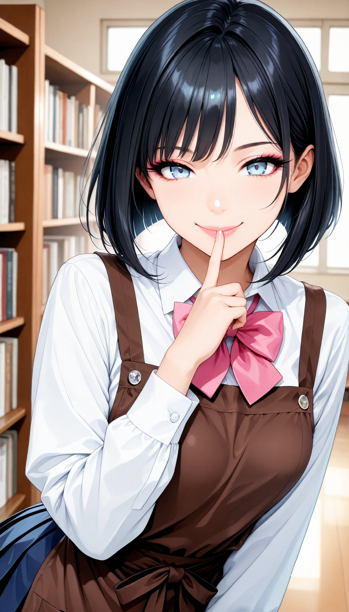 sexy women, Fashion Model Body Type, black hair, inverted bob , light blue eyes, (smile, close your mouth, Stand up your finger and place it in front of your mouth), Librarian, shirt, pink bow tie, Navy Blue Pleated Skirt, Brown Apron, beautiful eyes, beautiful lips, very detailed目と顔, long eyelashes, (face close-up), with a shallow depth of field:1.2, Blur Background, Kamigami, school library background ), (Top Quality, very detailed, CG illustration, masterpiece:1.2, Aesthetics at its best),