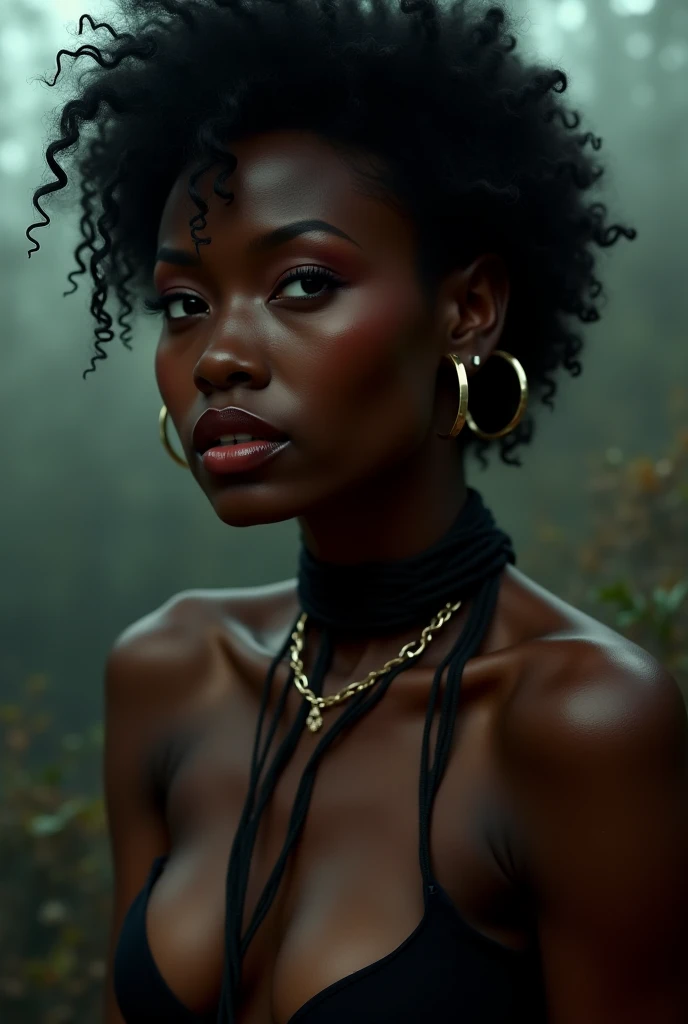 young black woman, short black military buzz cut, dark and well tanned skin, hoop earrings nude with a white sheer shawl, in the background an enchanted mystical forrest
