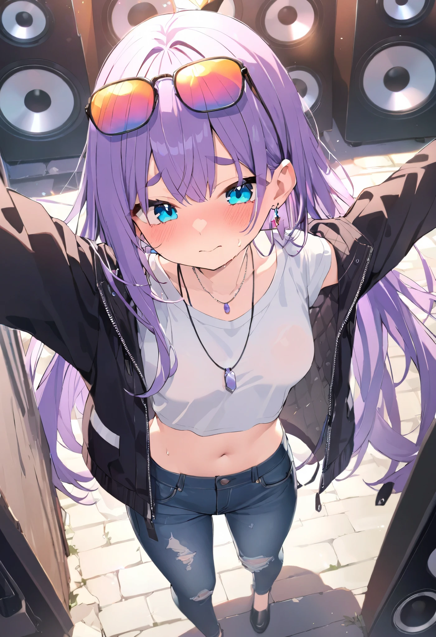 ((masterpiece)), ((Top Quality)), (very well detailed) (best quality)、最高masterpiece、beautiful、Alone、One Girl、are cool、Sweet face、is embarrassing、open your eyes、makes your face blush、Sweet face、 melting face 、Open your eyes slightly、Sweating、About high school age、beautifulな顔立ち、 purple hair 、long hair caught in a hole、Blue Eyes、青くbeautifulな瞳、 good style、 normal breasts、腰周りがbeautiful、beautifulな身体、route、 Street、 Street系の街、with microphone、microphone and speaker、sunglasses on his head、black riders jacket、a stylish white t-shirt inside、 jeans、necklaces、earrings、dynamic、nightの Street街、 short pants after the concert、beautifulな太もも、Short Tee、beautifulなおへそのライン、The illuminated light、A pretty small white t-shirt、お navel is visible from far above、 navel is visible from far above、a cool black riders jacket、night、真night中、Bullish eyebrows、sharp、big speaker on the back、Tons of speakers、 sweat dripping、
