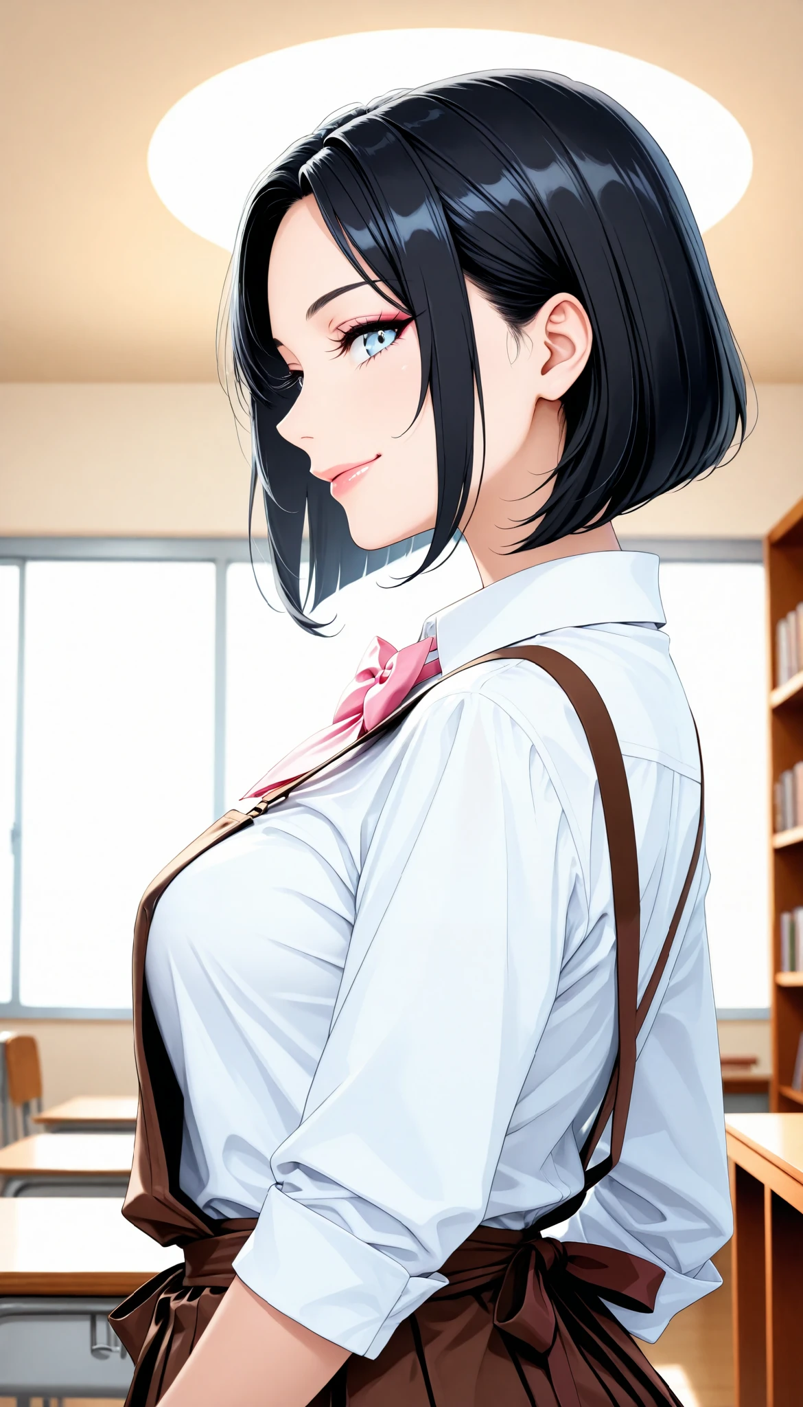sexy women, Fashion Model Body Type,  black hair, inverted bob , light blue eyes, (smile, profile), Librarian, shirt, pink bow tie, pleated skirt, Brown Apron,  beautiful eyes, beautiful lips, very detailed目と顔, long eyelashes, (face close-up), with a shallow depth of field:1.2, Blur Background, Kamigami, school library background ), (Top Quality, very detailed, CG illustration, masterpiece:1.2, Aesthetics at its best),