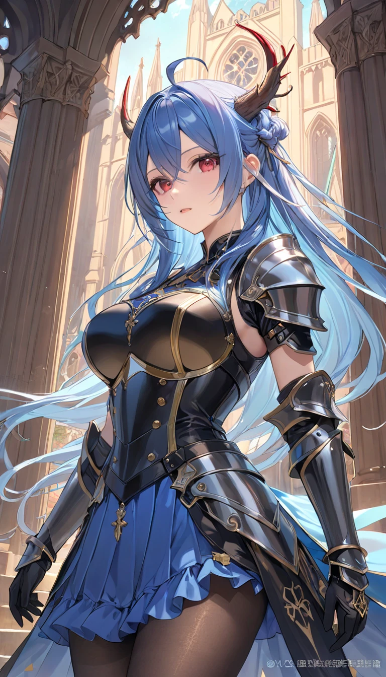 Blue translucent mecha,Arm mecha,Short golden hair,Long ponytail hairstyle,Large Breasts,Cleavage,Pistol hanging from waist,fighter pilot,fighter hangar,Sexy,Lipstick,Miss,Golden Eyes,stockings,Short skirt