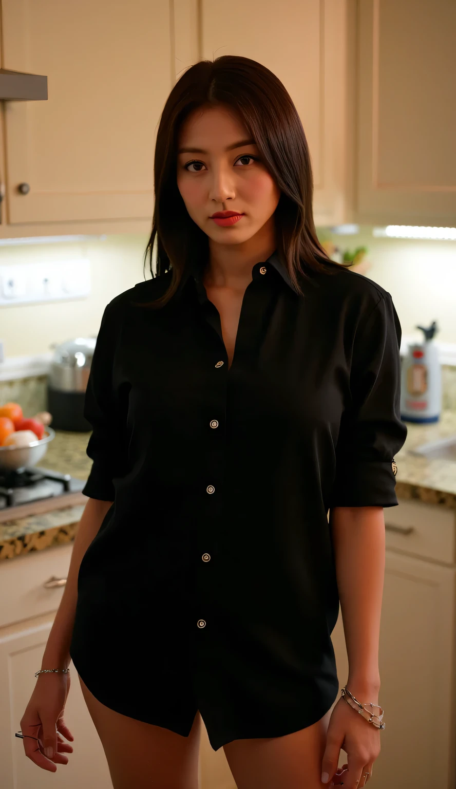 A beautiful woman, standing in the corner of the kitchen, front facing, bright lit lights, full body view, use black oversize casual shirt, big boobs, red lips