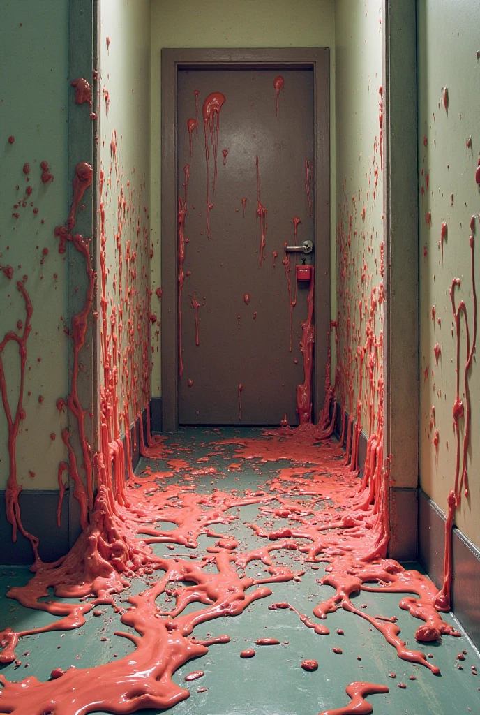 a maze made inside butchery, horror tools, bloody scene, hooks hanging from the ceiling