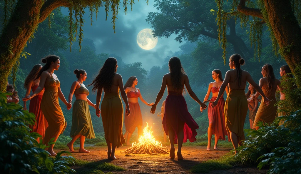 a fair-skinned woman with long straight light brown hair and another fair-skinned woman with shoulder-length wavy light brown hair, both Aztec and Mayan healers sitting with equal importance in the ritual, in a forest around a very high bonfire doing a cocoa ritual, one holding a large cocoa fruit and the other a bowl over the fire, in the background women dancing and the cocoa fruit on the ground, convey depth. Above a dark black full moon with a golden lion facing inside it in the late afternoon