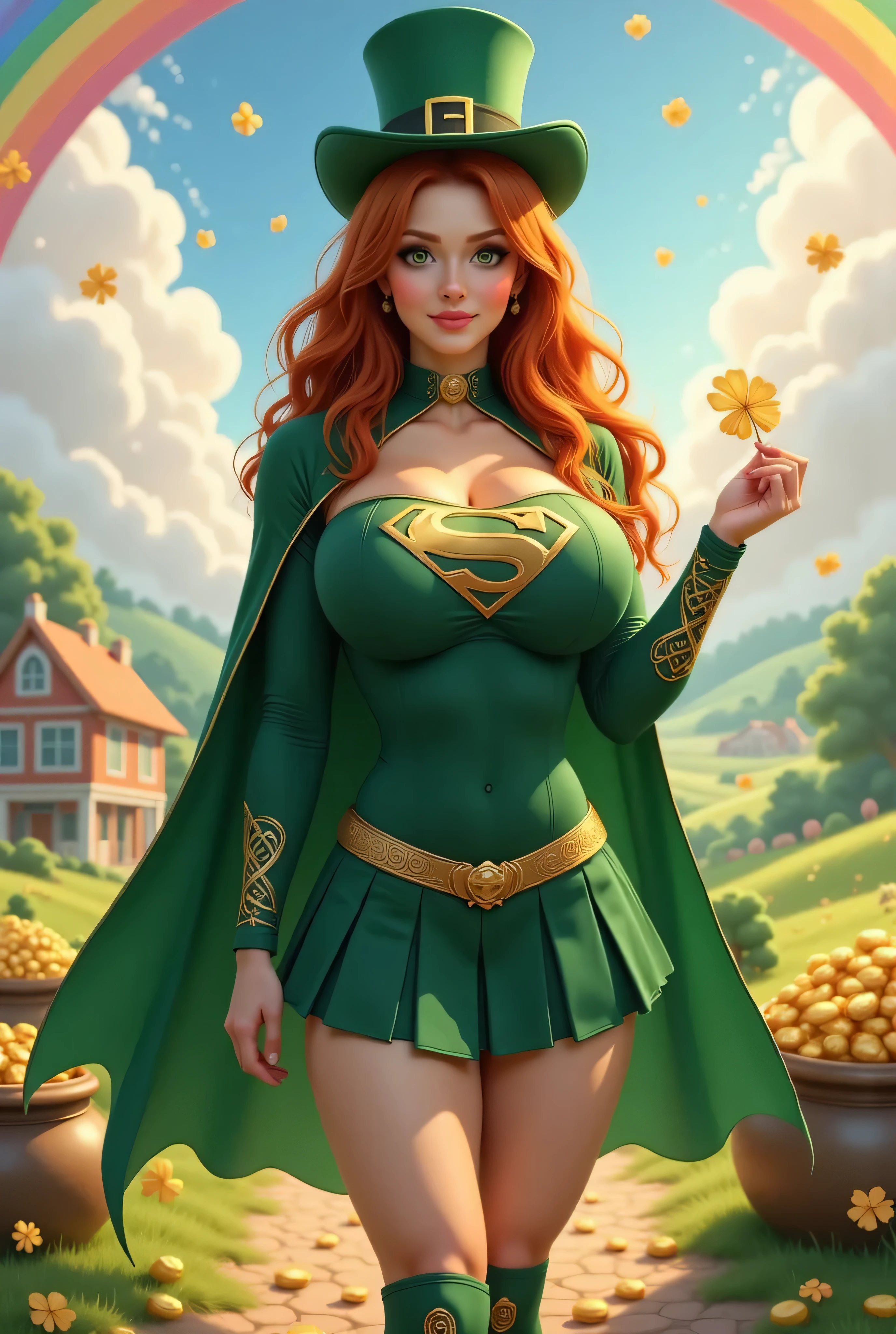 The sunflower witch, a woman with a sunflower dress, red hair, magic ambience, amazing fantasy idea, surround by plants and sunflowers, Magic particles, sunflower petals