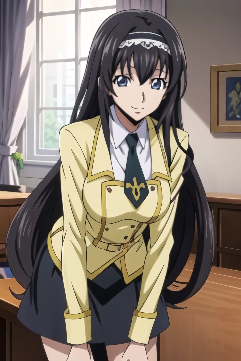 1 girl, beautiful eyes, black hair, long hair, hair band, smile, leaning forward, large window, uniform,skirt, (Anime style, masterpiece, best quality , High Resolution , anime color , Anime style, sharp, 8k, realistic), beautiful eyes, digital animation art!!, anime style, Official Artwork , visual novel CG,