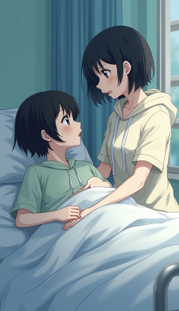 In a quiet, secluded area with soft grass on the ground freezer with his and white appearance, is kneeling next to Videl, a young woman with short black hair. Videl is lying on her back, her shirt lifted to expose her bare abdomen. Freezer is meticulously palpating her abdomen, pressing firmly and exploring every part with his glowing hands.
Videl's face shows a mix of discomfort and curiosity as she allows him to continue. The scene is intimate and tense,