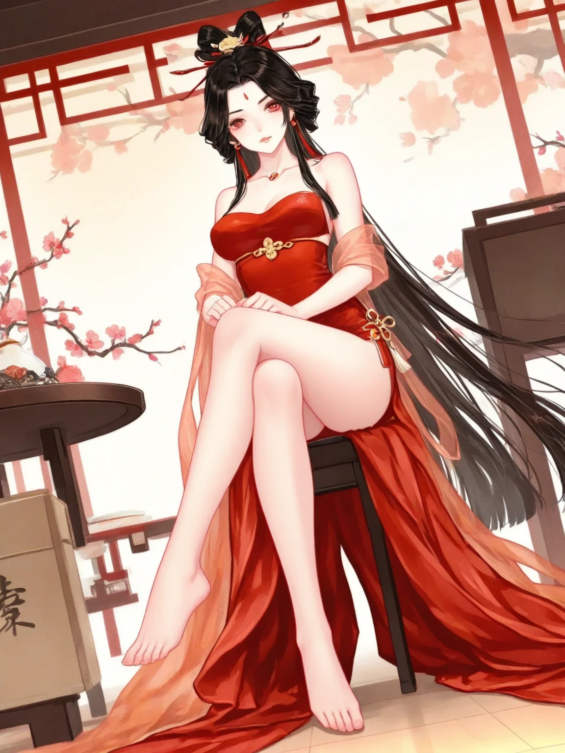 {{masterpiece,highest quality}}, highest quality, delicate background,delicate face,super delicate,Super detailed CG unity,8k wallpaper, Lens flare, detailed beautiful eyes,1 female,wavy hair,an inviting smile,((black hair)),glowing red eyes,cheongsam clothing,high heels,thighs,Vermillion chair,sit hugging one's legs,Landscape,peony flower,beautiful floral background,chinese style room,(colorful:1.5),perfect human body structure,Red earrings,