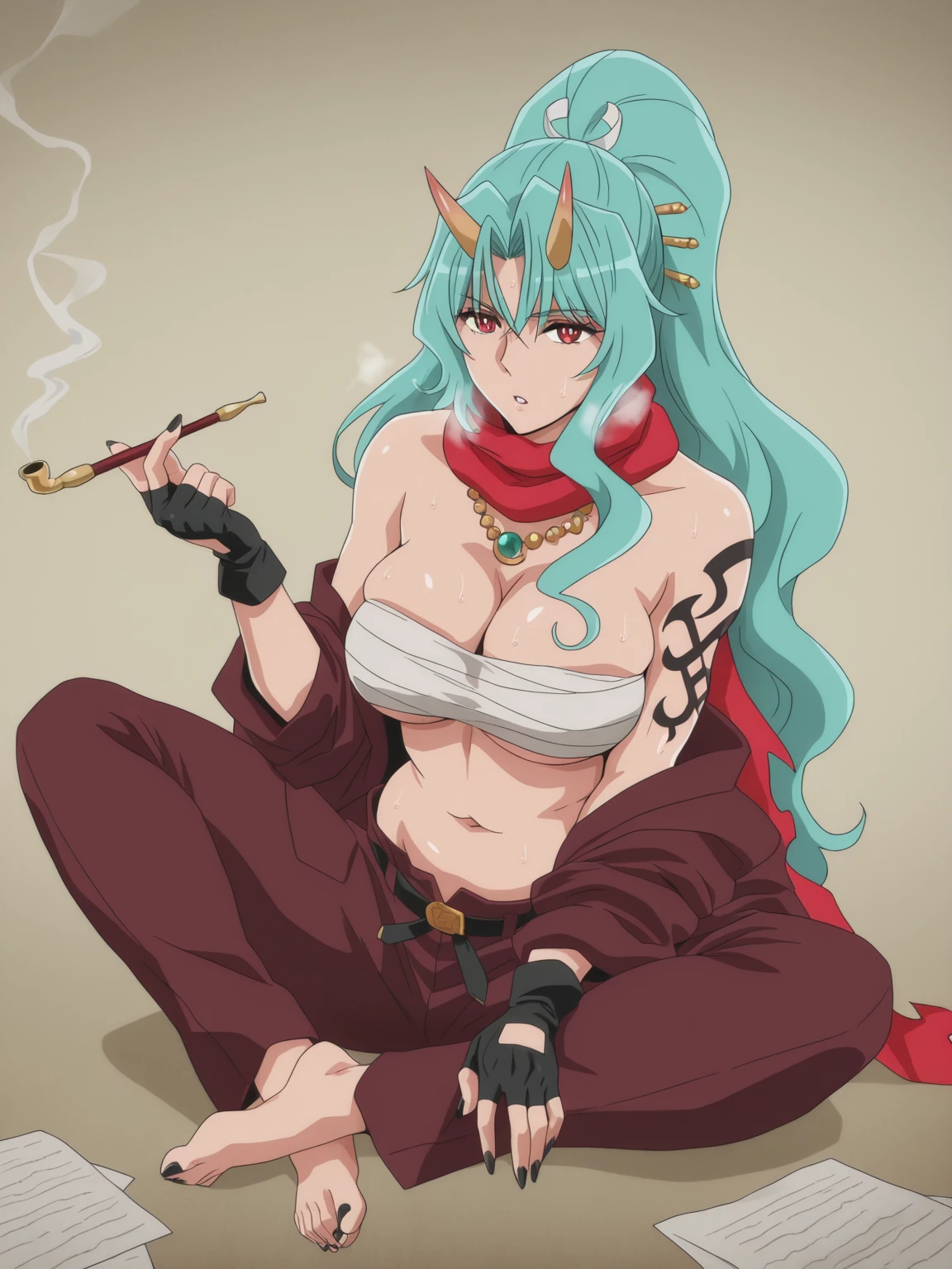 (harayutaka-style), (luxu-style:1.2), (yd \(orange maru\)-style:1.4), manhwa, anime coloring, anime screencap, anime-style detailed background, vignetting, masterpiece, high quality, absurdres, best quality, very aesthetic, newest, dynamic composition, anatomical correct, HD, 4K, digital art, trending on ArtStation, perfect body, perfect eyes, perfect fingers, gasping, heavy breathing, excessive sweating, sweating, sweating profusely, gasping profusely, cinematic, ((skindentation)), ((curvy)), tomoe-mlf, long hair, aqua hair, red eyes, ponytail, red scarf, bright pupils, ((flabby stomach)), plump, 1girl, smoking_pipe, holding_smoking_pipe, solo, smoke, horns, jewelry, kiseru, sitting, tattoo, gloves, fingerless_gloves, sharp_fingernails, fingernails, barefoot, earrings, sarashi, black_nails, bare_shoulders, holding, parted_lips, looking_at_viewer, toenails, bow, indian_style, paper, sharp_toenails, pants, navel, necklace, nail_polish, jacket, belt, oni, oni_horns, smoking, makeup, black_gloves