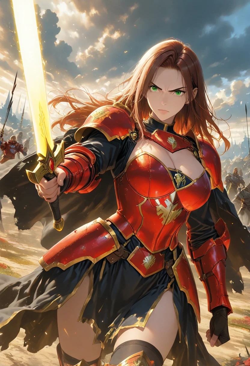 top-quality、Full limbs、complete fingers、Slender beauty、straight haired、Brown hair、((red high neck long sleeve leotard:1.3))、leotard with golden emblem、(Brown pantyhose:1.3)、red cloak、Western armor、Iron breastplate、Iron shoulder rest、Iron Gauntlet、Iron shin pad、Beautiful Large Breasts、caves、in fighting、Serious face、((Swinging a sword while running))