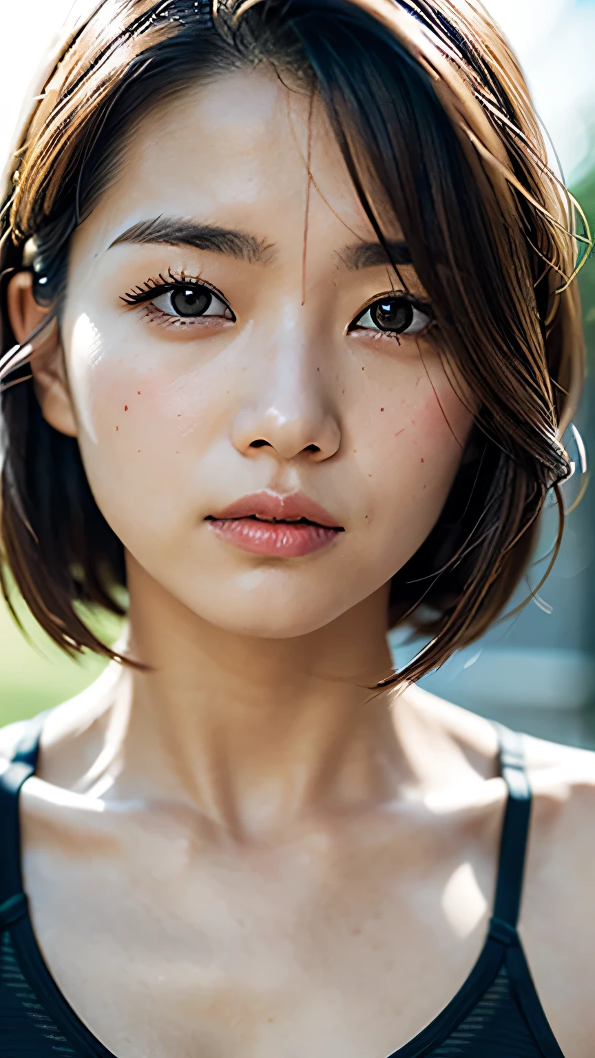 (masterpiece),(Top Quality:1.2),(very well detailed:1.2),(High Resolution),(Photorealistic Sticks),(RAW photo),8k,backlight,(written border depth),(sophisticated lighting:1.2),Close-up of a dressed woman,Soft Portrait Photography, beautiful Japanese woman,Amazing Face Portrait,(Eye light, sharp pupils,Detailed Eye Drawing,) very beautiful faces,( BEAUTIFUL AND FIXED SKIN ,fine skin texture:1.3),beautiful portrait, Nice and Delicate Face ,beautiful young Japanese woman,short bob,Look here,Front ,(Subjective shot),(((sports bra))),( sleepy face:1.2)