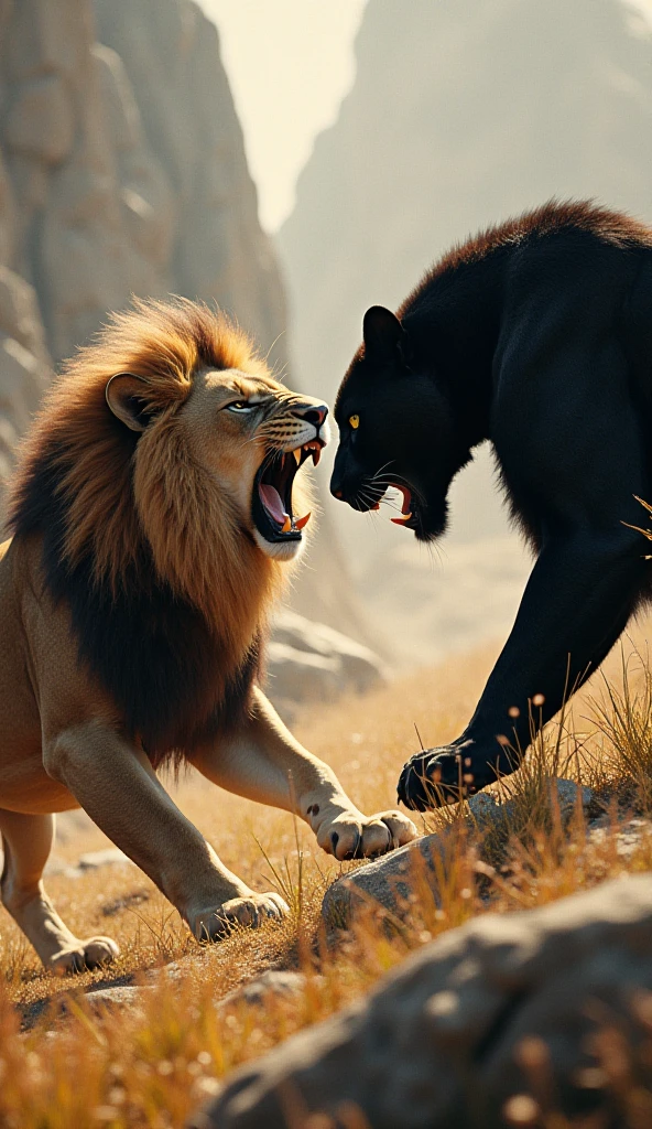 Black panther versus lion but the Lion defeated Black panther and black panther is sleeping Dead on the floor and the lion mouth is open