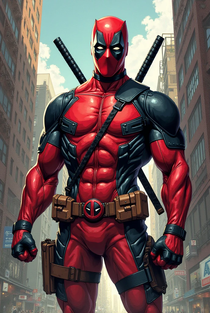 Deadpool very serious with crossed arms looking at the viewer , 4k highly detailed