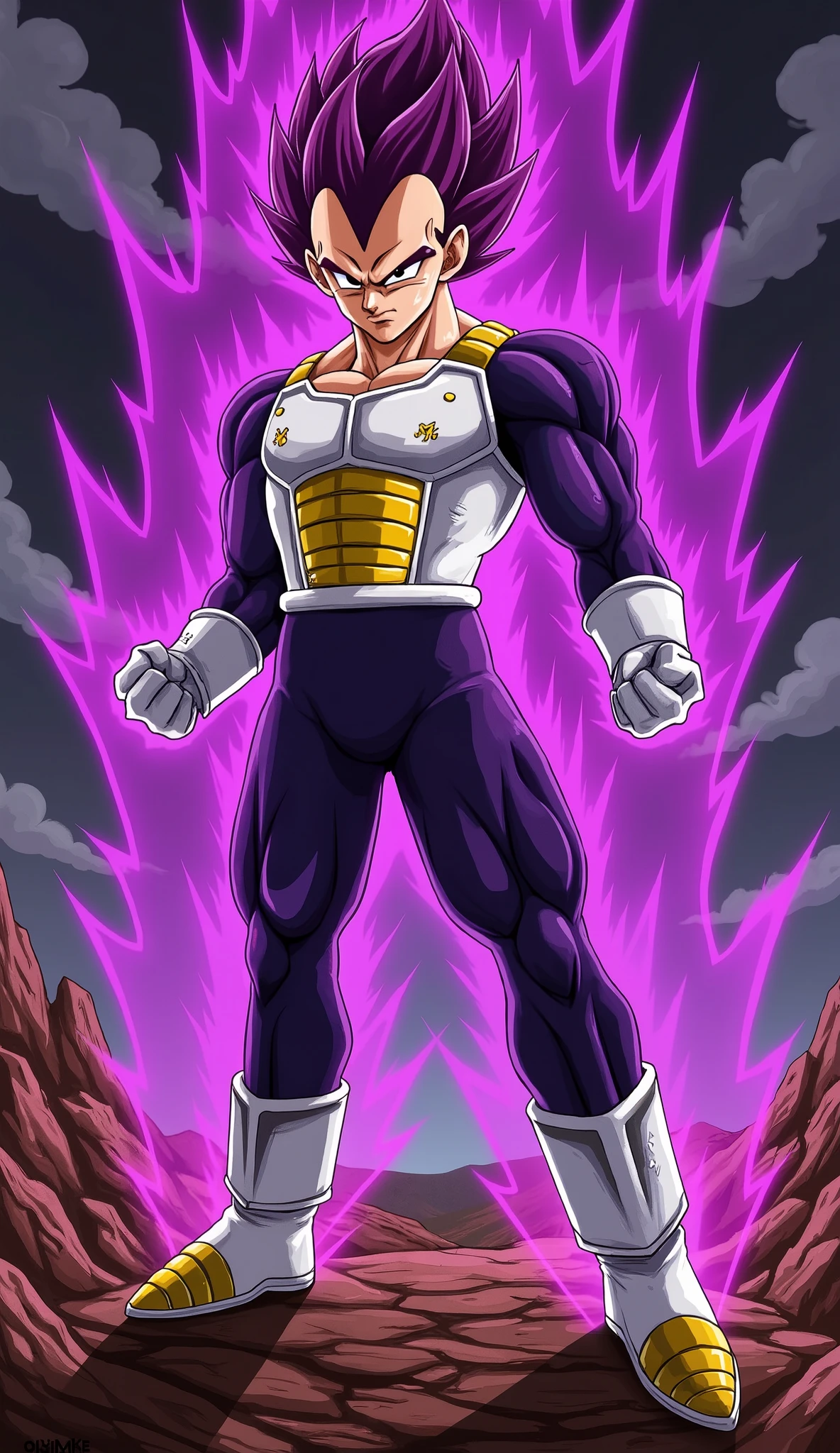 "Majin Vegeta stands in a powerful pose, firm broad legs, a clenched fist clenched so hard that the skewed white knuckles, the other slightly raised with purple black lightning bolts looming around. His face shows absolute violence—sharp eyes that glow brightly with unbridled rage, strong raised eyebrows, and proud cheeky smile mixed with contempt. The 'M' symbol on the forehead stands out, radiated Babidi's evil gas. muscle roll, his chest bulges as the energy explodes around, reflected above tattered Saiyan armor and dark purple tights full of tears, revealing solid body part. Deep purple hair rising high, emits black-purple lightning flashes continuously, waves of swirling energy roll around people. around, the ground shakes ferocious—rock by stone crumbling, hovered in the air because of his overwhelming power. The backdrop is a desolate battlefield, broken lava cliffs, the sky rolls with intense swirling black clouds, every flash of lightning across the night, illuminate Vegeta's face in a dramatic and intense Dragon Ball Z scene."